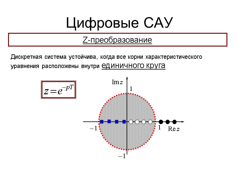 Цифровые САУ  Z-преобразование Дискретная система устойчива, когда все корни характеристического уравнения расположены внутри